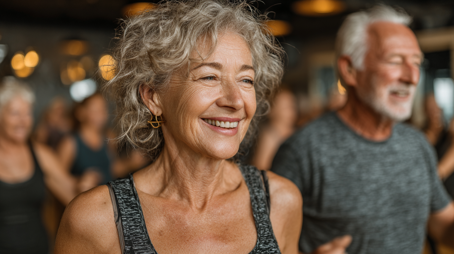 Група людей старшого віку займається фітнесом на свіжому повітрі