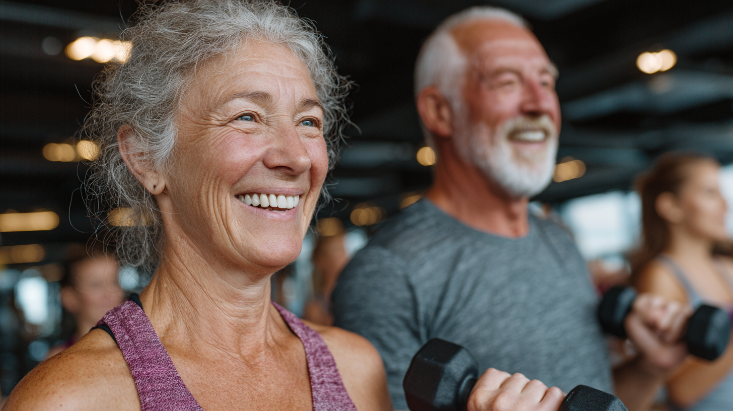 Старша жінка виконує розтяжку з персональним тренером